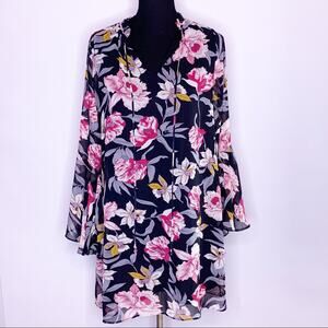 Umgee black pink tropical floral print ruffle trim bell sleeve dress size Small